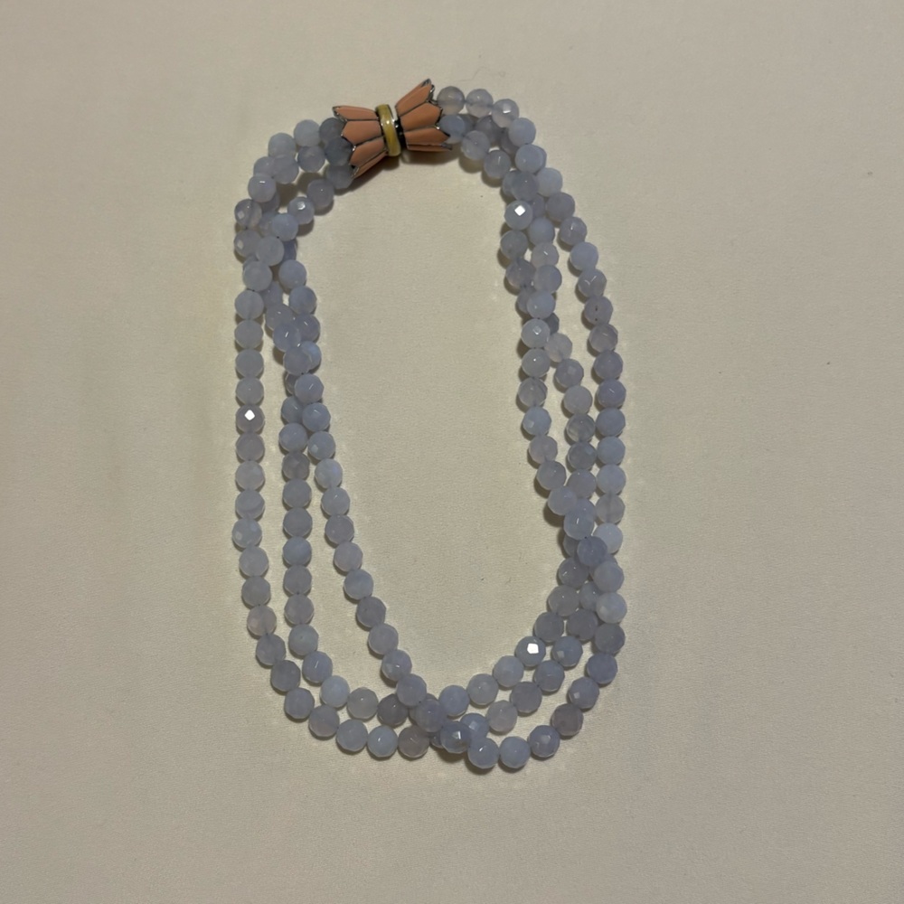 Three-Strand Calcedony Beaded Necklace with pink tulip clasp
